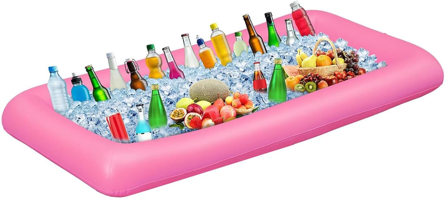Ice Buffet Serving Tray Drink Cooler with Drain Plug,Inflatable Ice Serving Buffet Bar Inflatable Cooler for Parties Food 52 x 24 x 5'' (Pink)