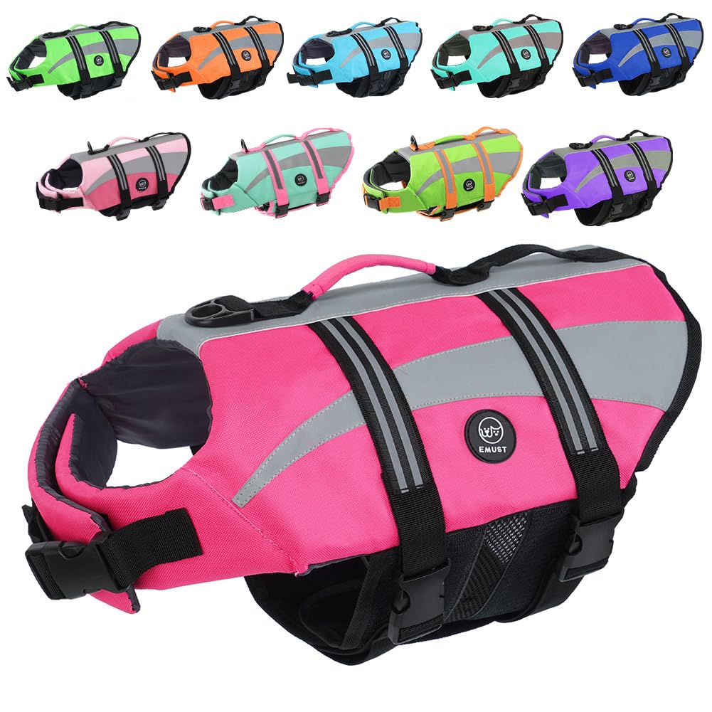 EMUST Dog Life Jacket, Ripstop Large Dogs Life Vests Swimsuit for Boating/Swimming/Pool with Double Rescue Handles, Dog Water Vest for Large Dogs,Pink, XXL