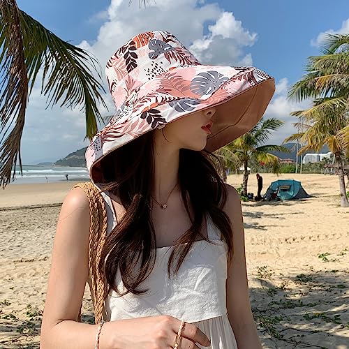 Image of HUAMULAN Women Sun Hat Summer Bucket Beach Boonie Cotton Cap Wide Brim UPF 50