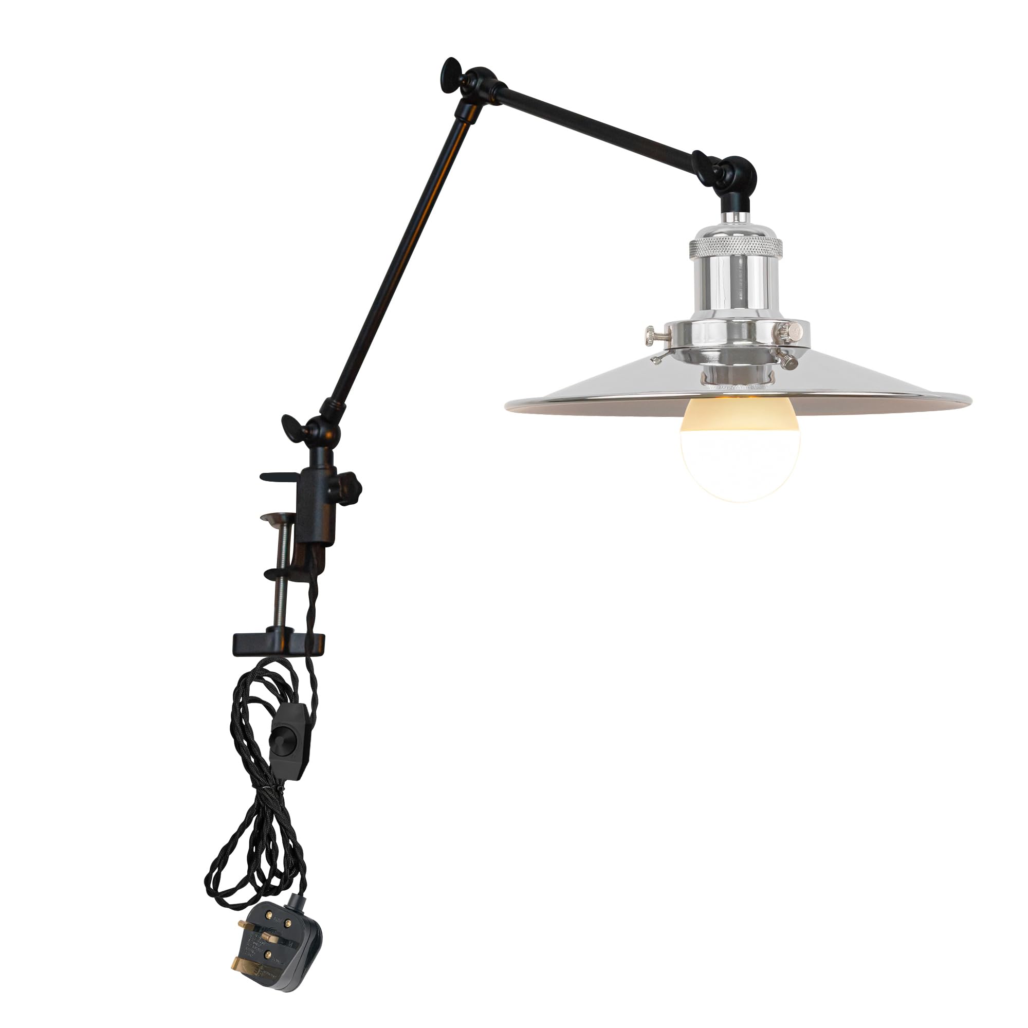 FSLiving Dimmable Desk Lamp Clamp, Desk Lamp Clip Light with Flexible Swing Arm and 2.5 m Cable,Decorative Iron Clamp Lamp Adjustable for Office Study Reading with Silver Lampshade