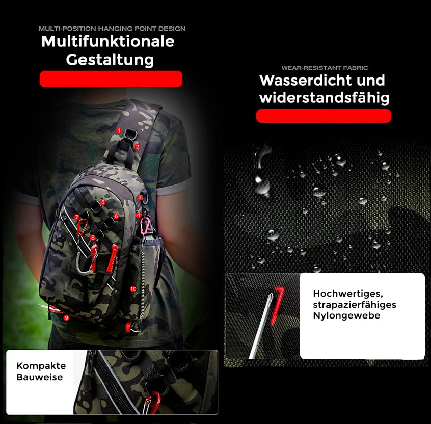 Wasserdichter Angel-Rucksack, multifunktionale Umhängetasche, kompakter Angelrucksack, mit Halterung für Angelruten, Angelzubehör, Camouflage, Grün, L, Angeltaschen