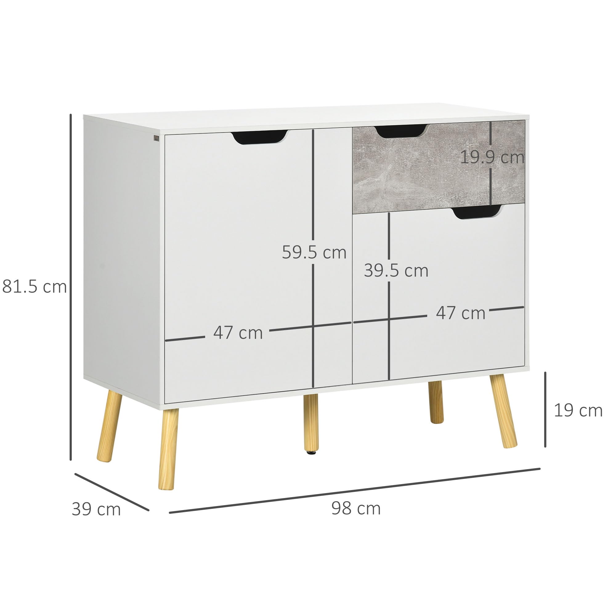 HOMCOM Mobile da Soggiorno Moderno, Credenza da Salotto e Soggiorno, 2 Armadietti a 2 Ante e Cassetto, Mobile Multiuso, Truciolato e Legno di Pino, 98x39x81.5 cm, Grigio e Bianco