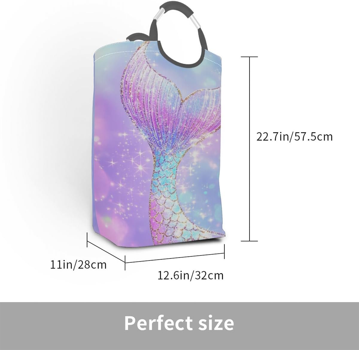Laundry Hamper Pink Purple Mermaid Glitter Tail Laundry Baskets Collapsible Waterproof Washing Clothes Hamper Large Storage Bin with Handles for Bathroom Bedroom Nursery Kid's Room
