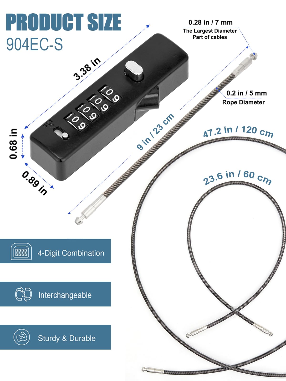 Tcyoatoa Combination Cable Lock, with 3 Replacement Flexible