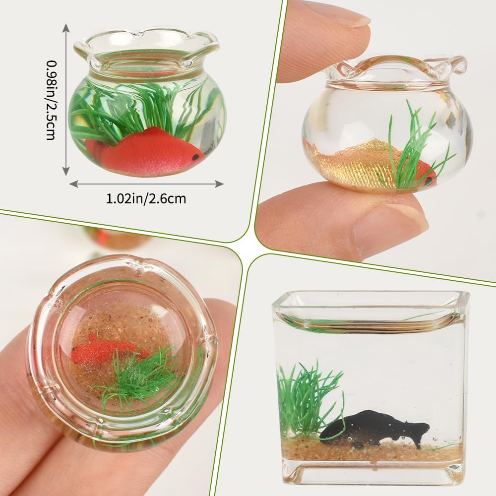 4Pcs Miniature Fish Bowl Set, The Round and Square Glass Fishbowl, 1/12 Dollhouse Accessories Decor for DIY Fairy Gardens & Model Displays