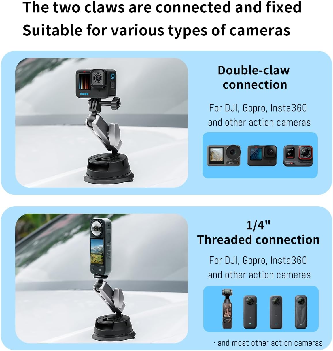 Action 6 Suction Cup Mount Bracket, for DJI Osmo Action 5 Pro, for Insta360 X3, for GoPro Hero 13 12 11/10/9 Accessories, with 1/4"-20 Standard Thread Adapter and Double Ball Head 360° Rotation
