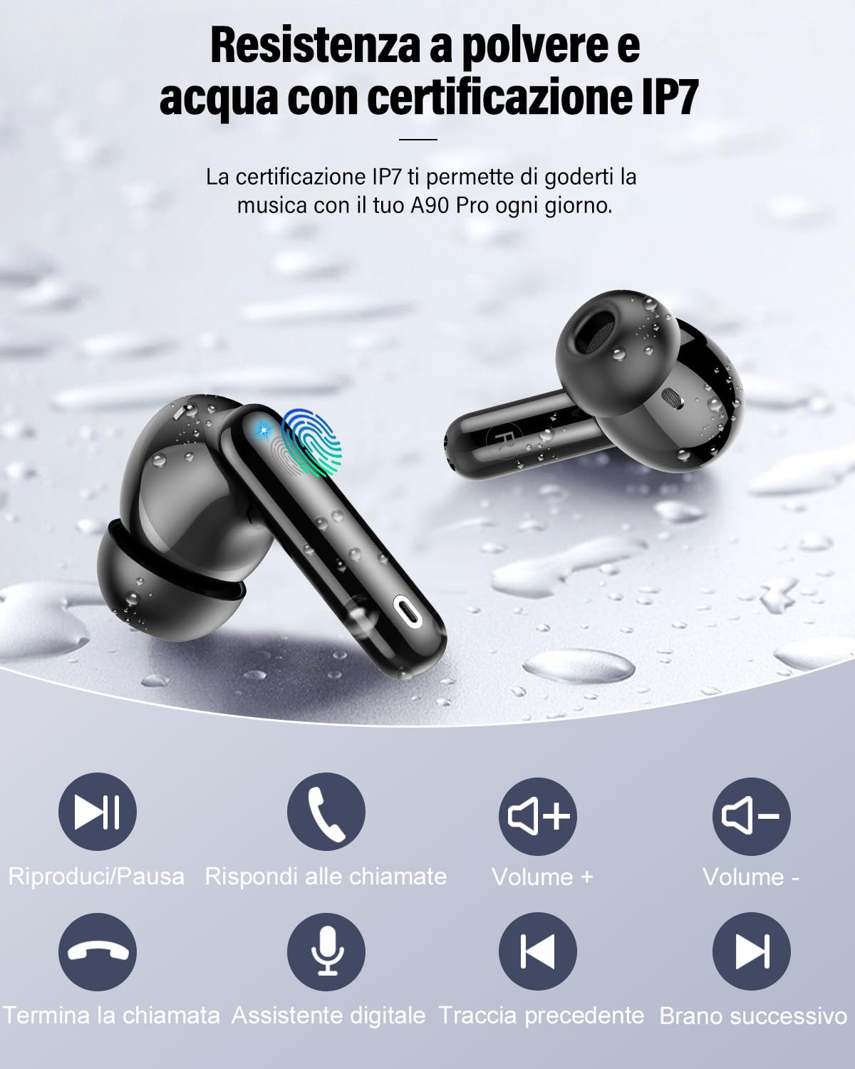 Btootos Cuffie Bluetooth 5.4 con 4 Mic In Ear HiFi Stereo, 36Ore LED Display IP7 Impermeabili, Touch Control Nero