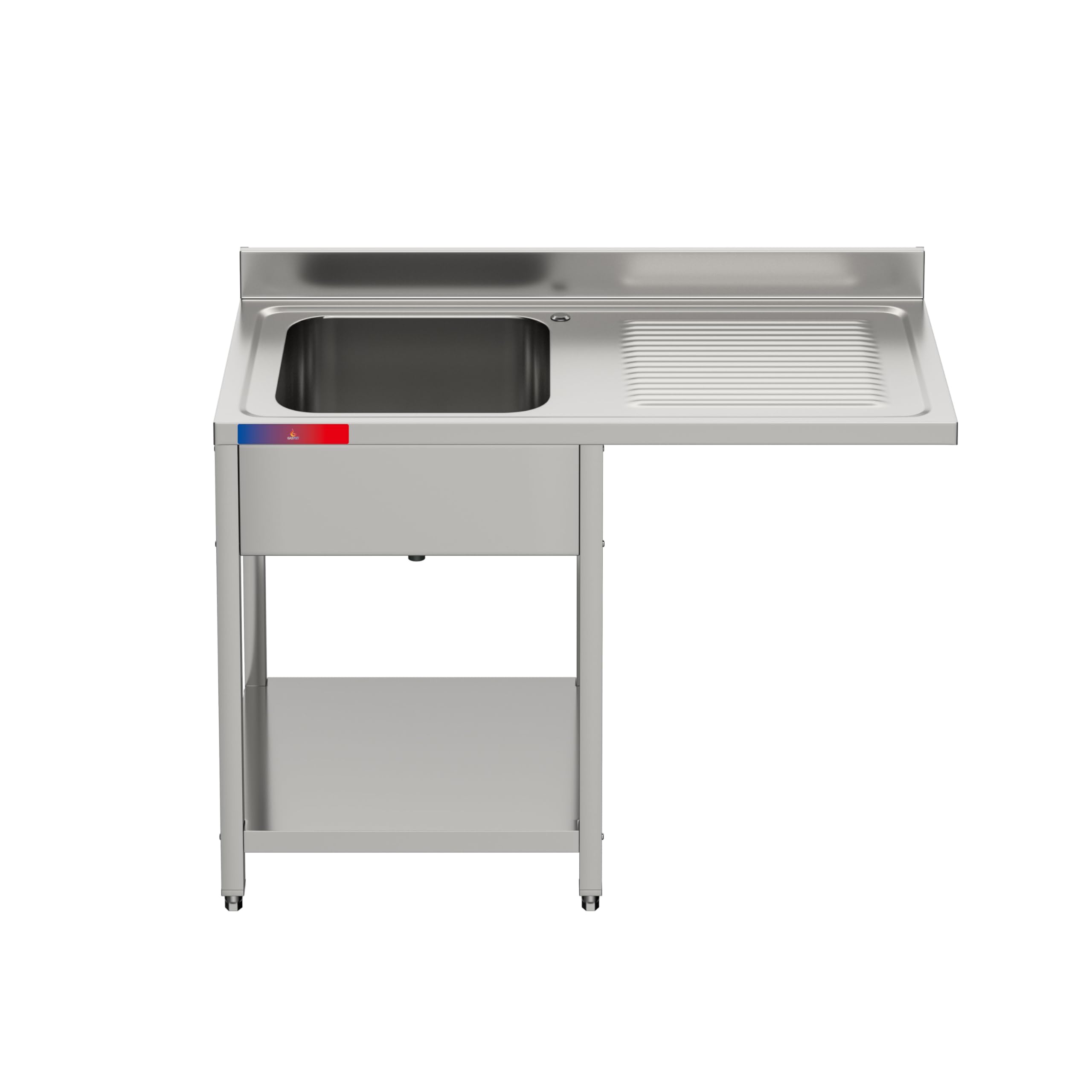 Fregadero Industrial con Hueco para Lavavasos en Acero Inoxidable, 1 Seno + Escurridor, 120x60x85cm, Balda inferior, Peto y Patas Regulables (Sin Grifo, Seno Derecha)