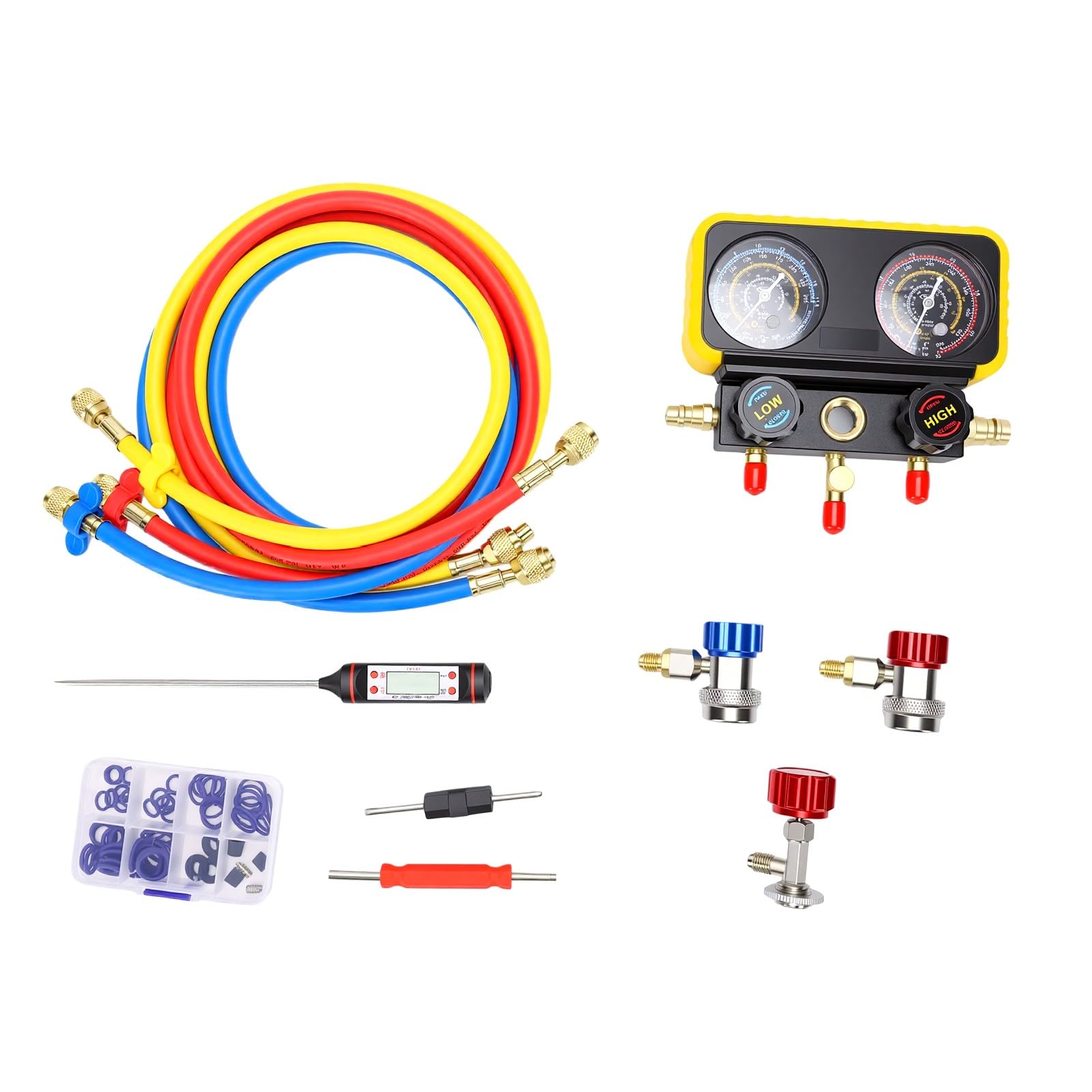 Diyeeni Juego de Manómetros de Colector HVAC R134A, Kit de Refrigerante de Diagnóstico de CA con Mangueras de Alta Presión Accesorios de Conexión Rápida para Aire Acondicionado Sistemas HVAC