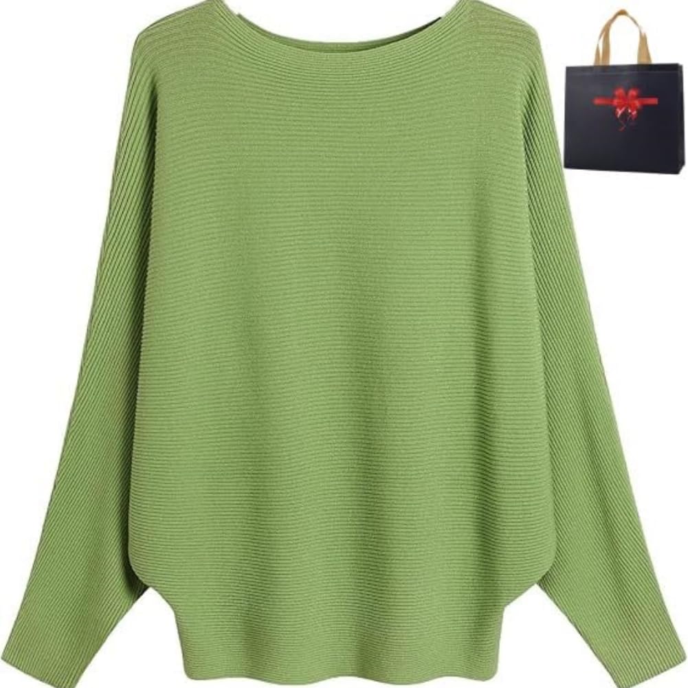 Generisch Damen-Strickpullover mit U-Boot-Ausschnitt und Fledermausärmeln, leichte Pullover-Oberteile, Einheitsgröße