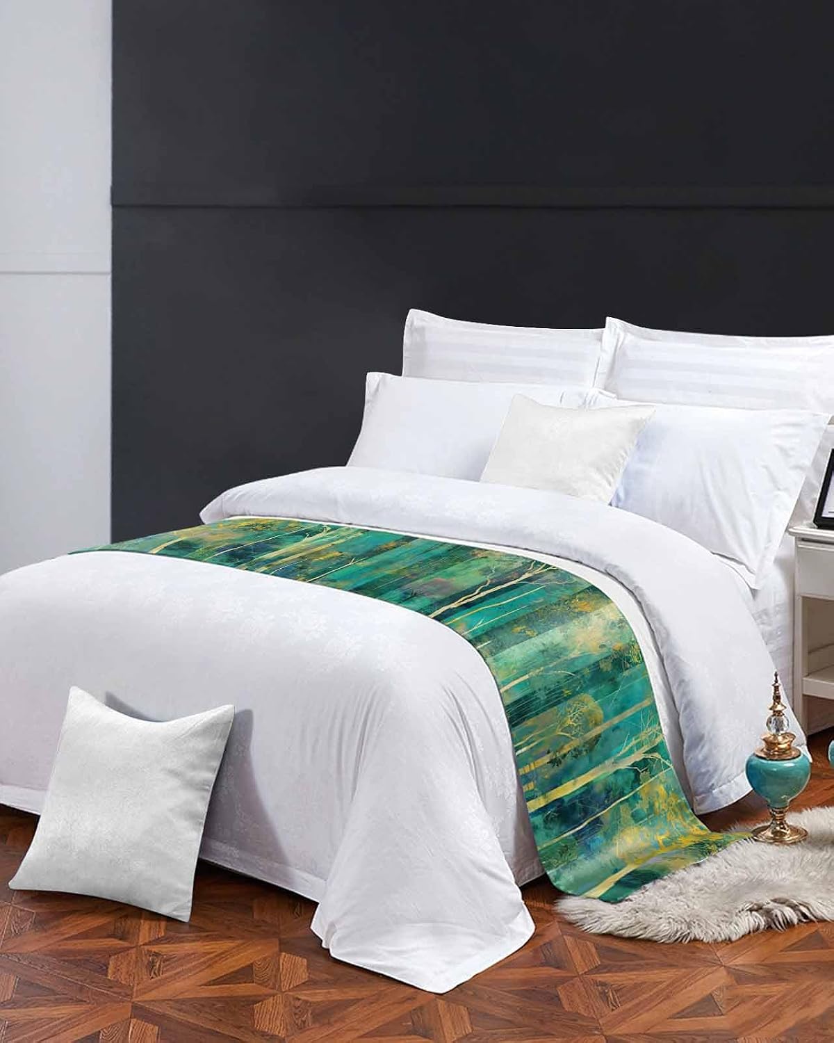 Yukro Abstract Bed Runner Scarf, Plant Trees Forest Green Oil Painting Full Bed Scarf Runner, No Fading Decorative Bedding Scarf for Bedroom Hotels Homes and Guestrooms