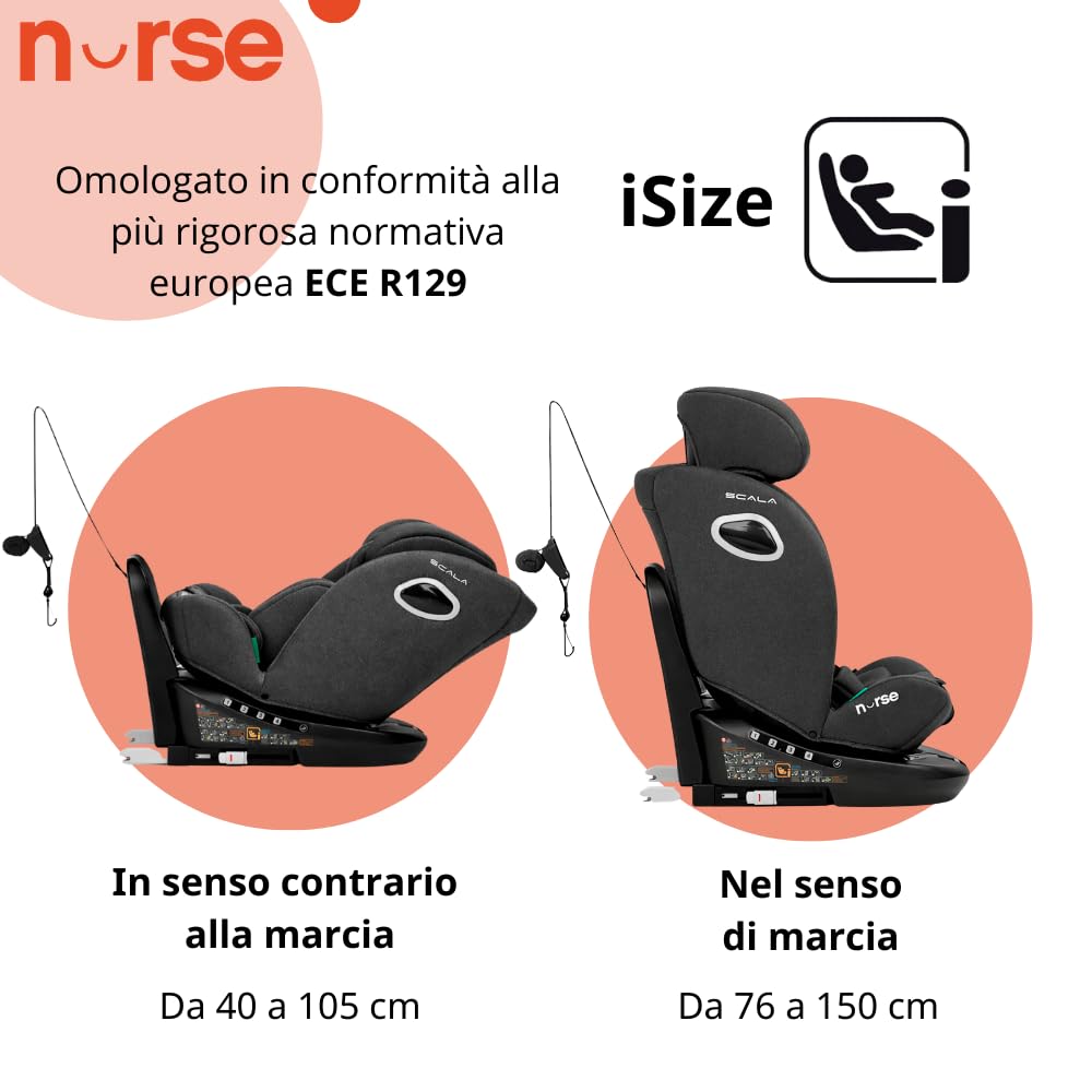 Nurse Scala Silla de Coche i-Size 40–150 cm, Giratoria 360º, ISOFIX con Top Tether, A Contramarcha y A Favor de la Marcha, Protección Lateral, Negro