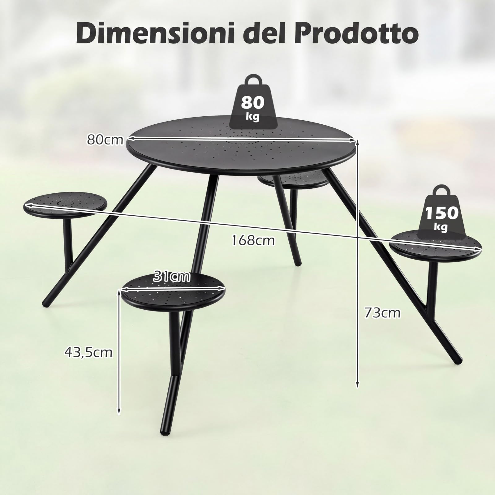 COSTWAY Set Tavolo e 4 Sedie da Campeggio, Foro Ombrellone, Metallo Zincato | Tavolo da Giardino per Cortile e Patio, Set Mobili da Pranzo Completo, 168 x 168 x 73 cm