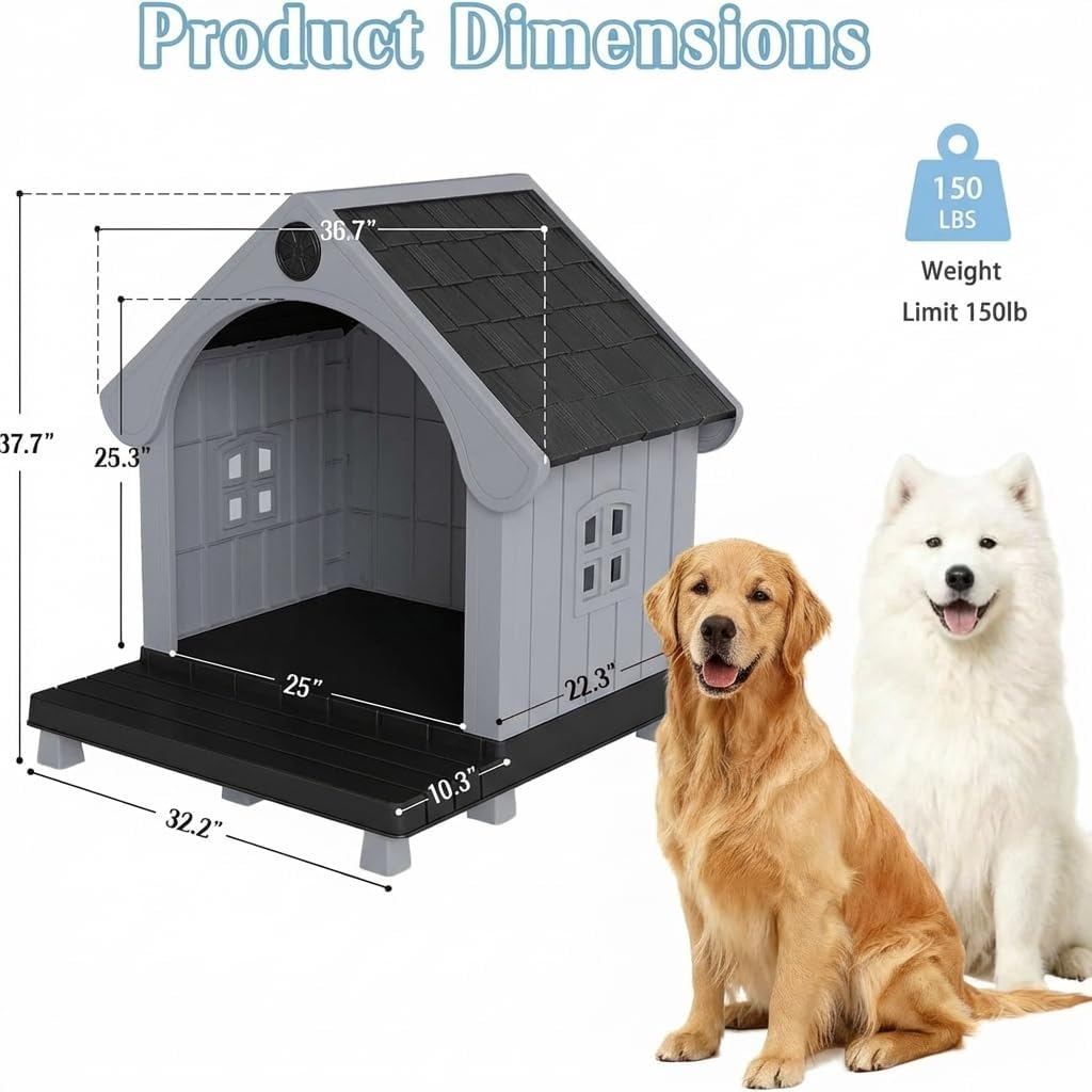 VIXZEN Large Dog House Outdoor, Plastic Weatherproof Dog House with Elevated Floor and Open Front, Easy to Clean & Assemble, Durable PP Material Pet Shelter for Large Dogs Outside (Black)