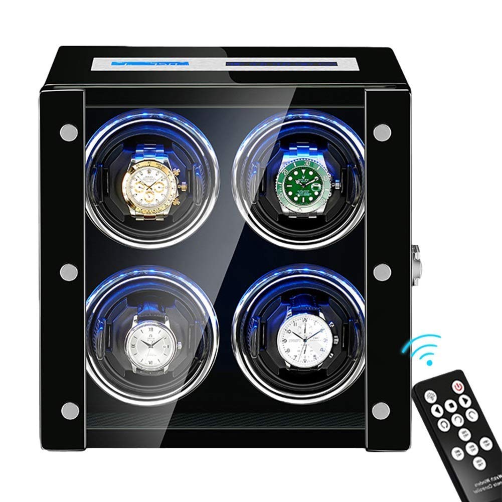 Caricatore Automatico per Orologi con 4 Display LCD, Schermo Touch, Telecomando, retroilluminazione a LED, Cuscini per Orologi Regolabili, Motore Silenzioso. Marrone, NER，Black