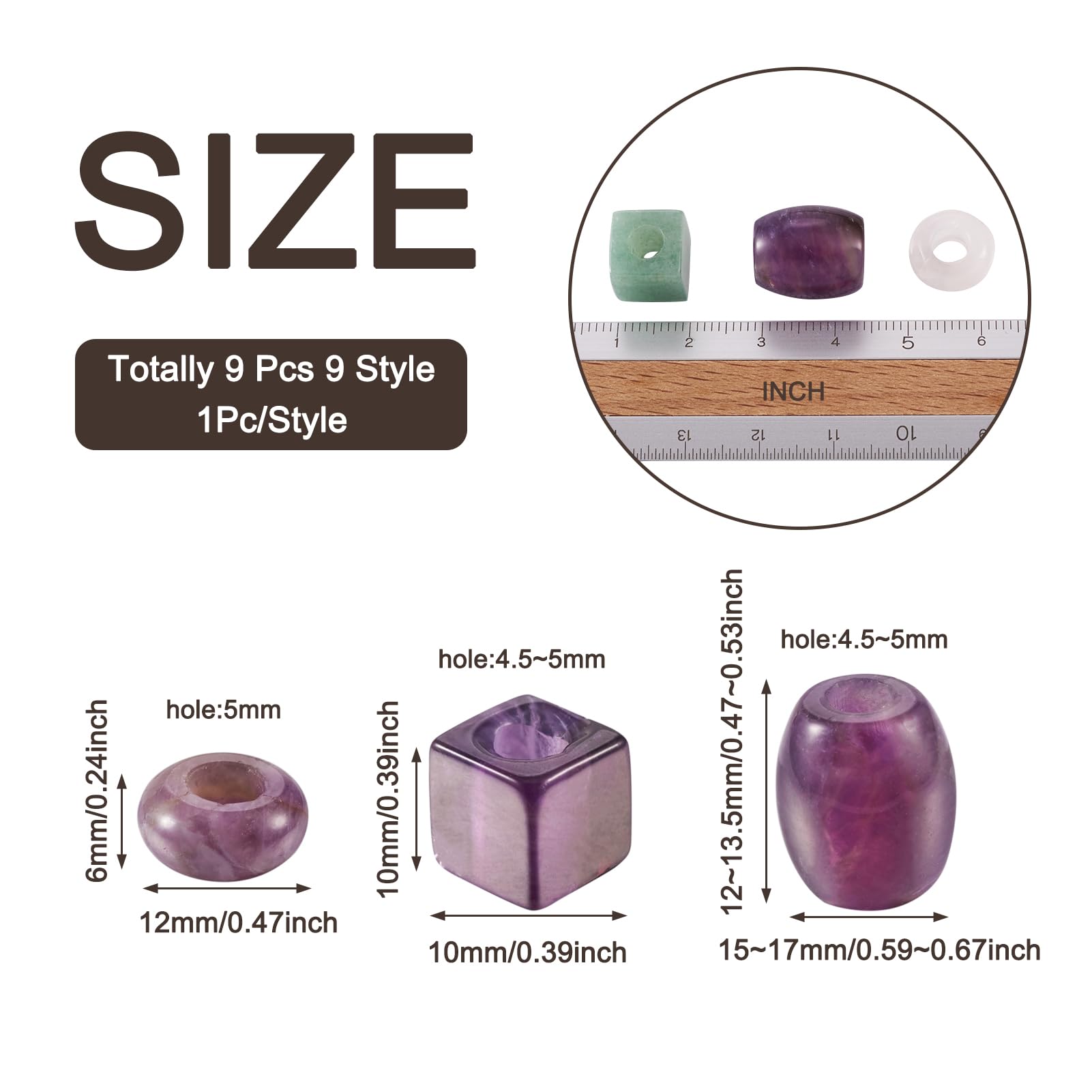 Crafans 9Pcs Natural Gemstone European Beads, Green Aventurine, Rose Quartz & Amethyst, Cube, Barrel & Rondelle Shapes - Image 4