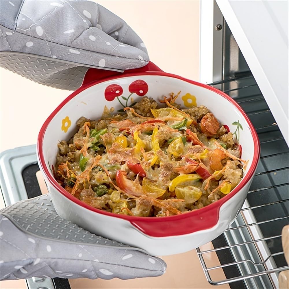 Teglia da forno Forno circolare in ceramica a doppio orecchio da 1000 ml con piastra di cottura, insalata riso al forno formaggio, piatto profondo Casseruola(Red)