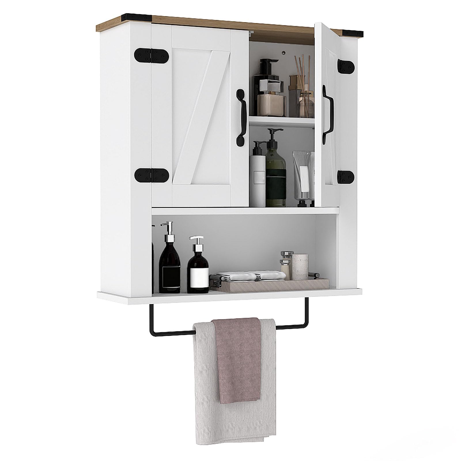 LIFEZEAL Mobiletto Bagno Salvaspazio da Parete, Bianco, Pensile Bagno Sospeso con Barra Portasciugamani, 2 Ante con Ripiano Regolabile, Armadietto, Armadio, Mobile, per Cucina, in Legno, 60x20x72,5cm