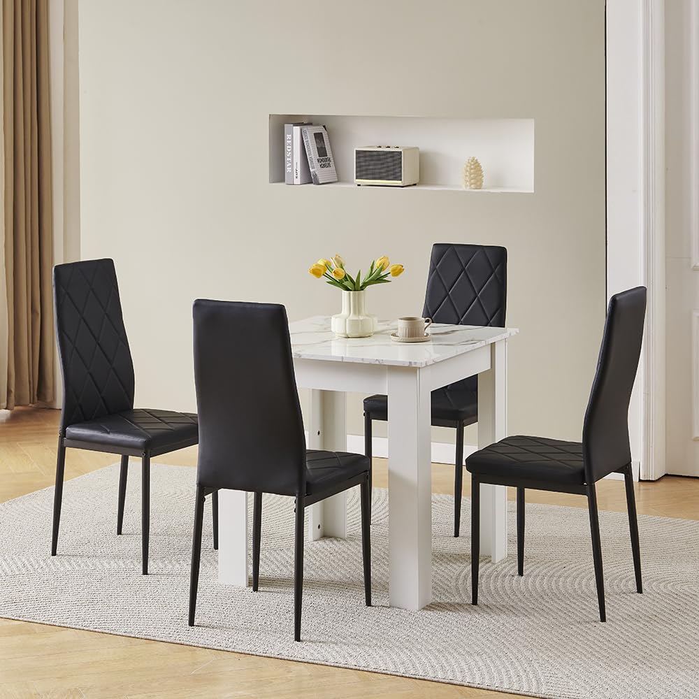 NICEME Compact Dining Table and 4 Chairs, Small Dining Room Set for 4 Seater Kitchen Table with Chairs for Small Space Saving, Glossing Tabletop 75x75 cm (Marble-White Table, 4 Seats, PVC Black #2)