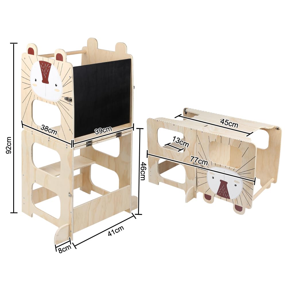 Lernturm 3 in 1, Lernturm für Kinder, Montessori Beobachtungsturm aus Holz, rutschfeste Oberfläche, Tisch und Stuhl für Kinder (Igel)