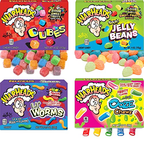 Warheads Cubes,Jelly Beans,Lil Worms,Ooze Chewz Candy Box - 4 x Mixed Warheads Candy Box