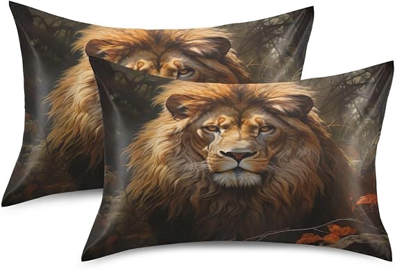 Lion Satin Silk Pillowcase for Hair and Skin,Soft Breathable Pillow Case with Envelope Closur,26x20In