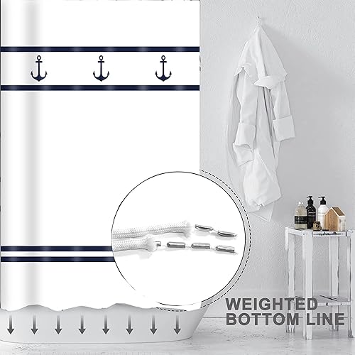 Miniatura 4 de Decoreagy Juego de cortinas de ducha con anclaje azul marino para baño, cortinas de ducha a rayas azules y blancas, cortina de baño con temática