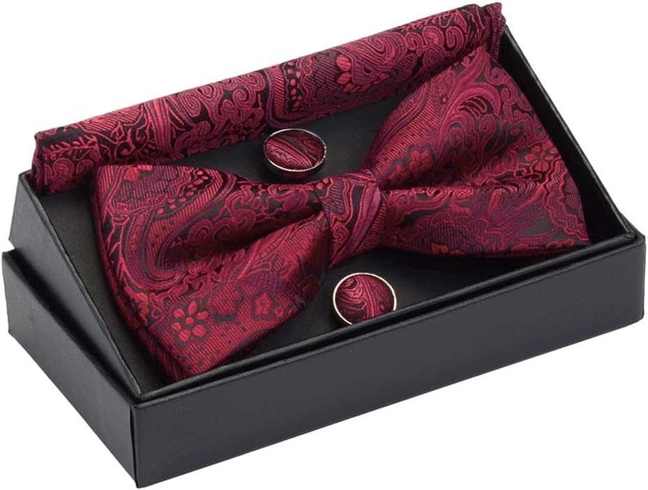 Men's Bow Tie Pocket Square Cufflinks with Gift Box for Wedding Pre-Tied Bow Tie Set(D)