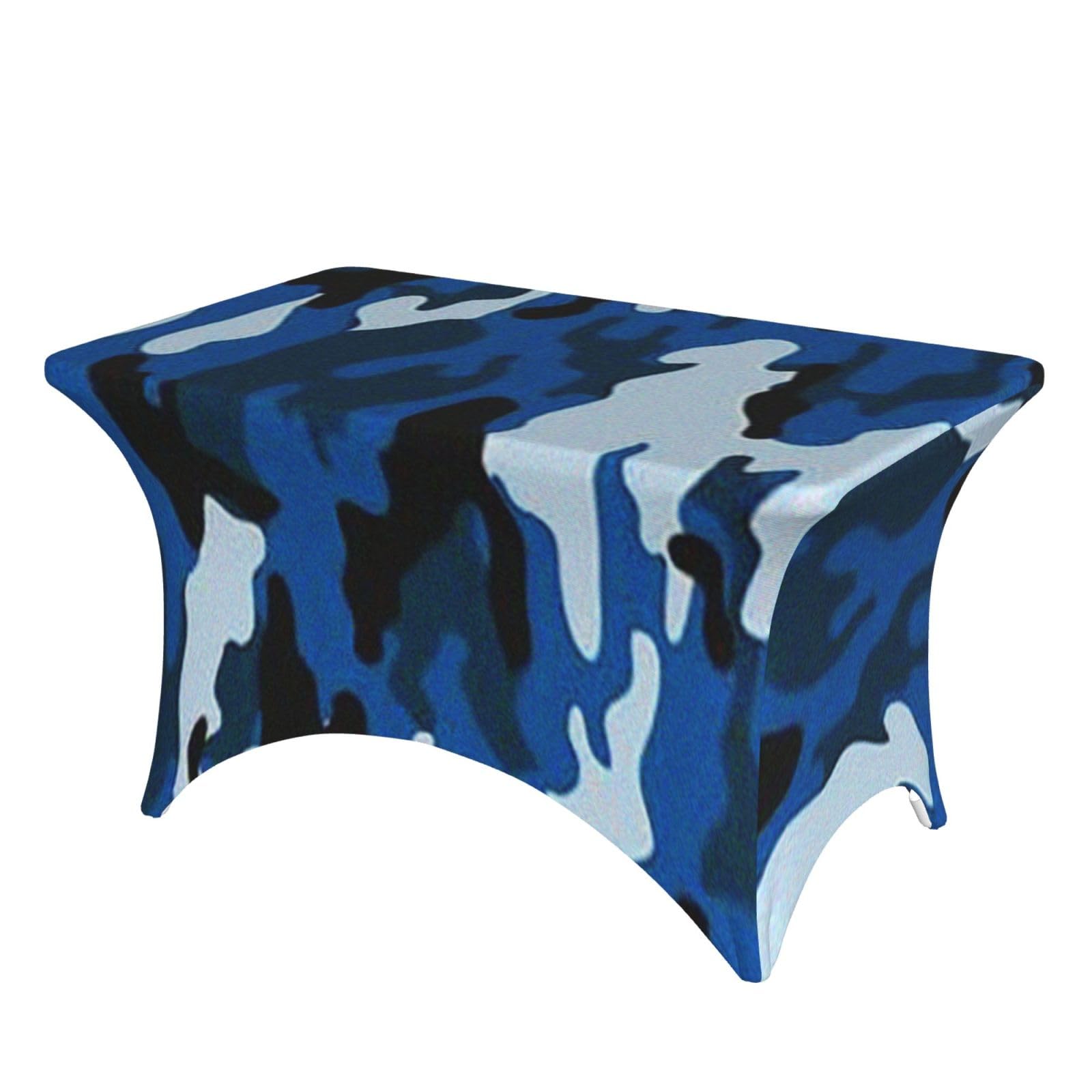 Dcehgew Blue Camouflage 4Ft Spandex Rectangular Table Cloth, Printed Fitted Elastic Tablecloths Washable Table Cover For Event, Wedding, Banquet & Party