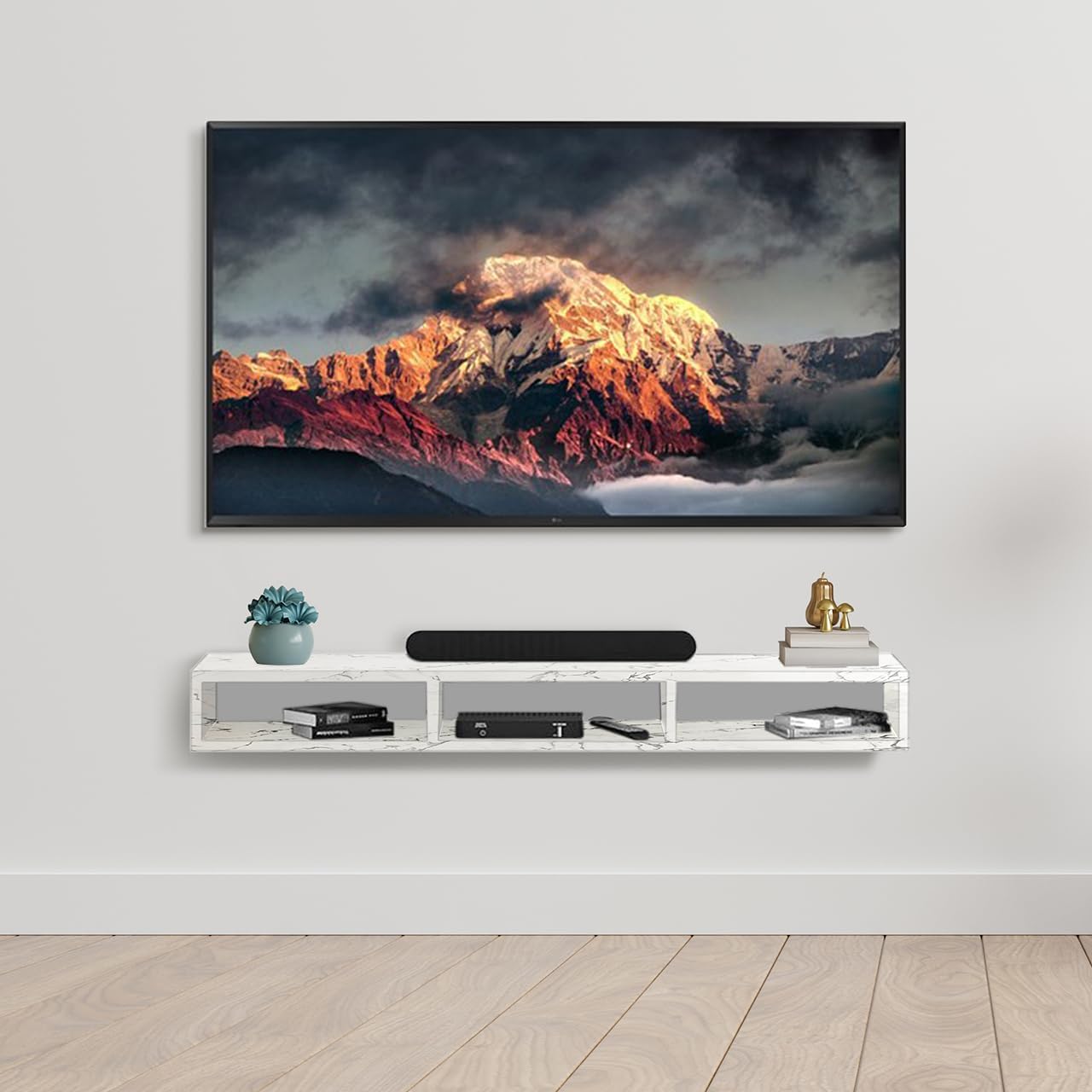 Torche Wooden Wall Mounted TV Unit, TV Cabinet for Wall, TV Stand for Wall, TV Stand Unit Wall Shelf for Living Room, Set Top Box Stand (Marble White-Glider TV)