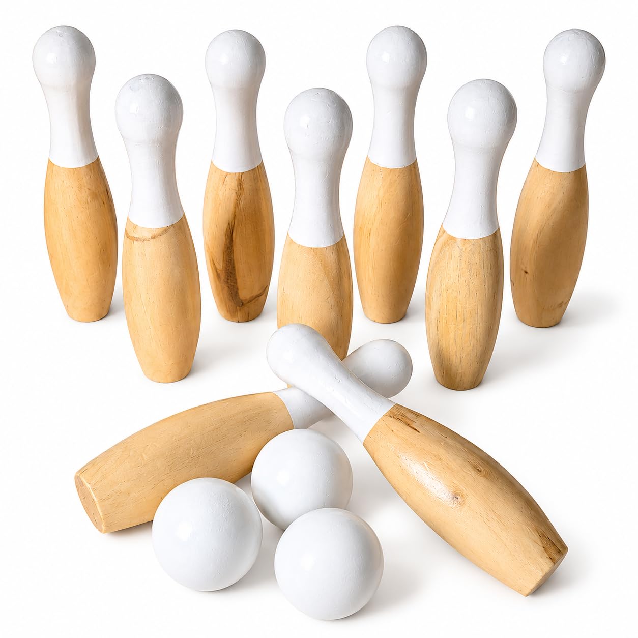 OhneSorge Holz Bowling Set für Kinder & Erwachsene – 9 Kegel & 3 Bälle – Kegelspiel aus Kiefernholz inkl. Tragetasche – 19cm – Indoor & Outdoor Spiel für Garten, Park & Familie