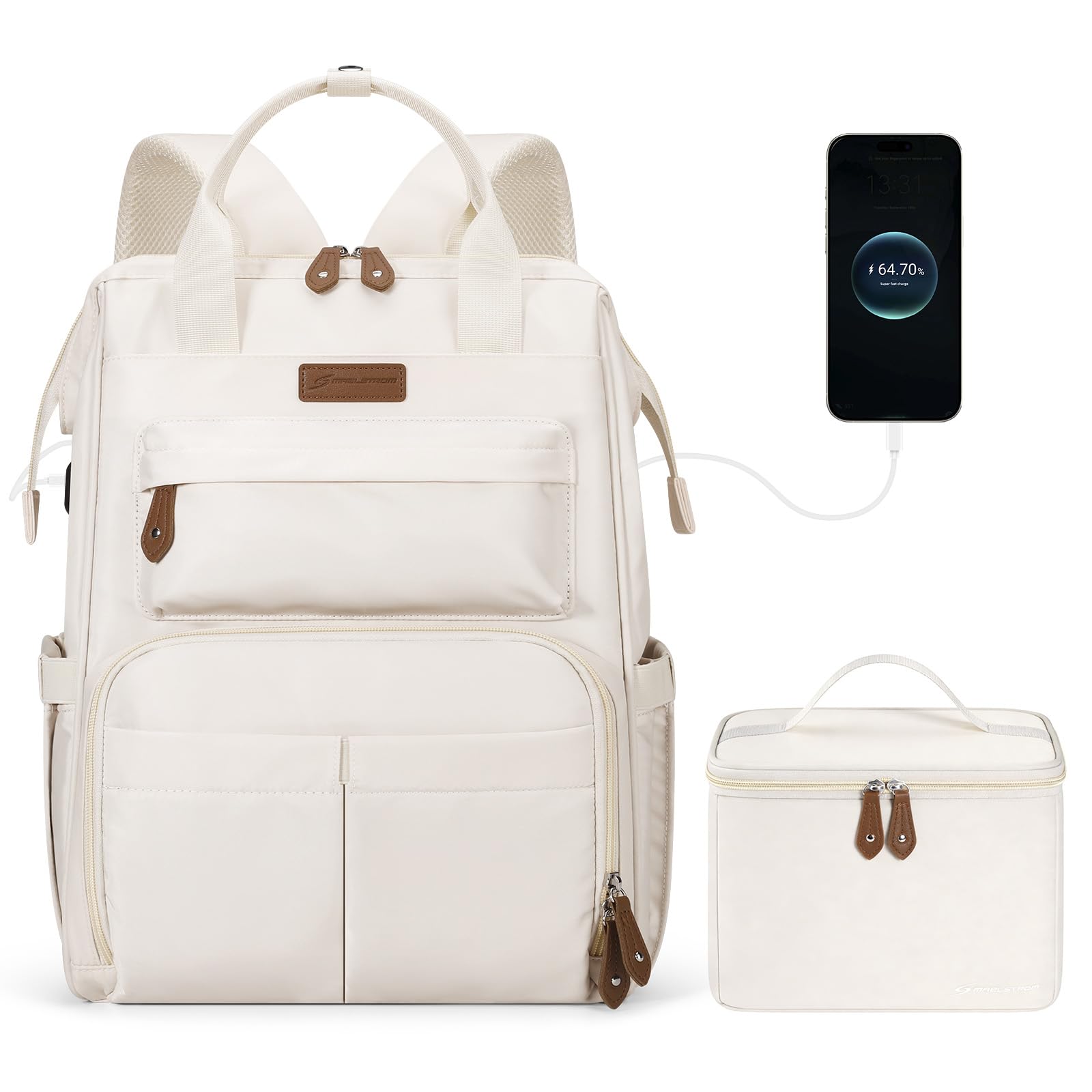 Maelstrom 15.6-17.3" Laptop Backpack with Lunch Box, Work Bag for Women Men | 25l Capacity, 3-5h Thermal Insulation, Usb & Type-C Ports, Anti-Theft Design, Water-Resistant. Ideal For Travel, School,Nurse Standard Beige