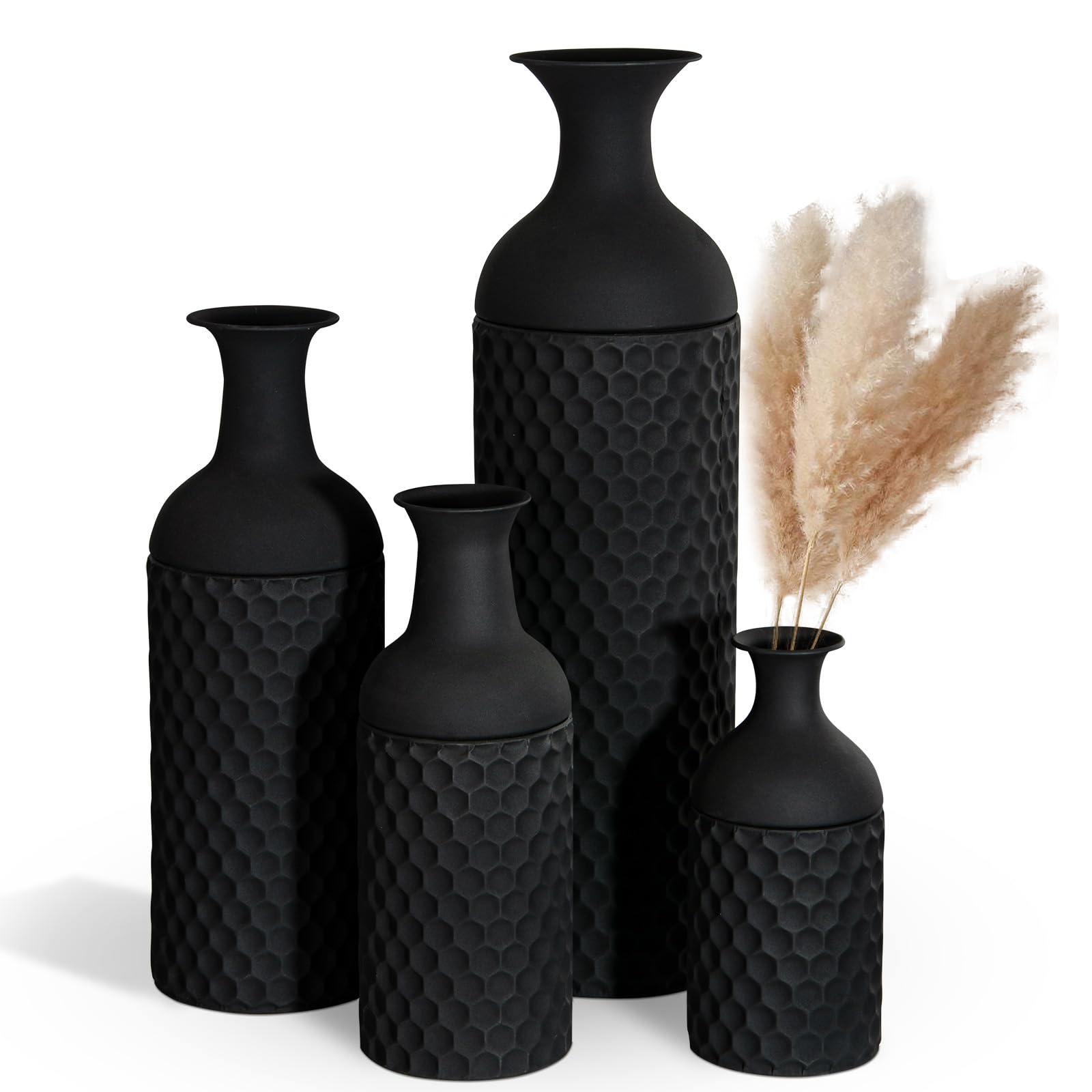 Floreros negros grandes, jarrón de suelo 69/51/42/30 cm, 4 piezas, florero moderno de metal con textura alveolada para sala de estar, casa, sala de estar, pasillo (con superficie esmerilada)
