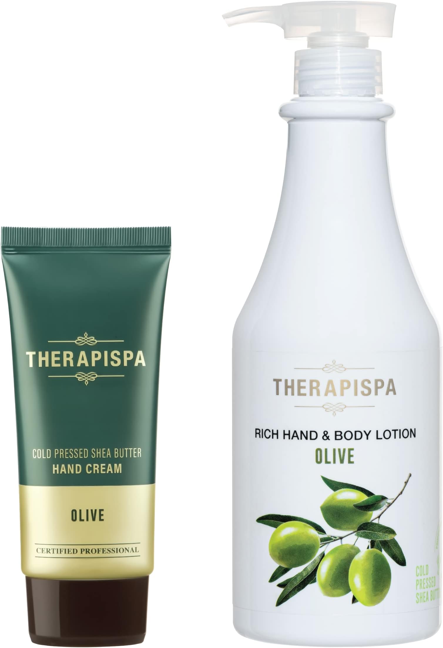 [THERAPISPA] Ultra Moisturizing Shea Butter Hand & Body Cream + Lotion Bundle Pack - Olive, Certified Professional, 1.7 fl oz + 25.4 fl oz