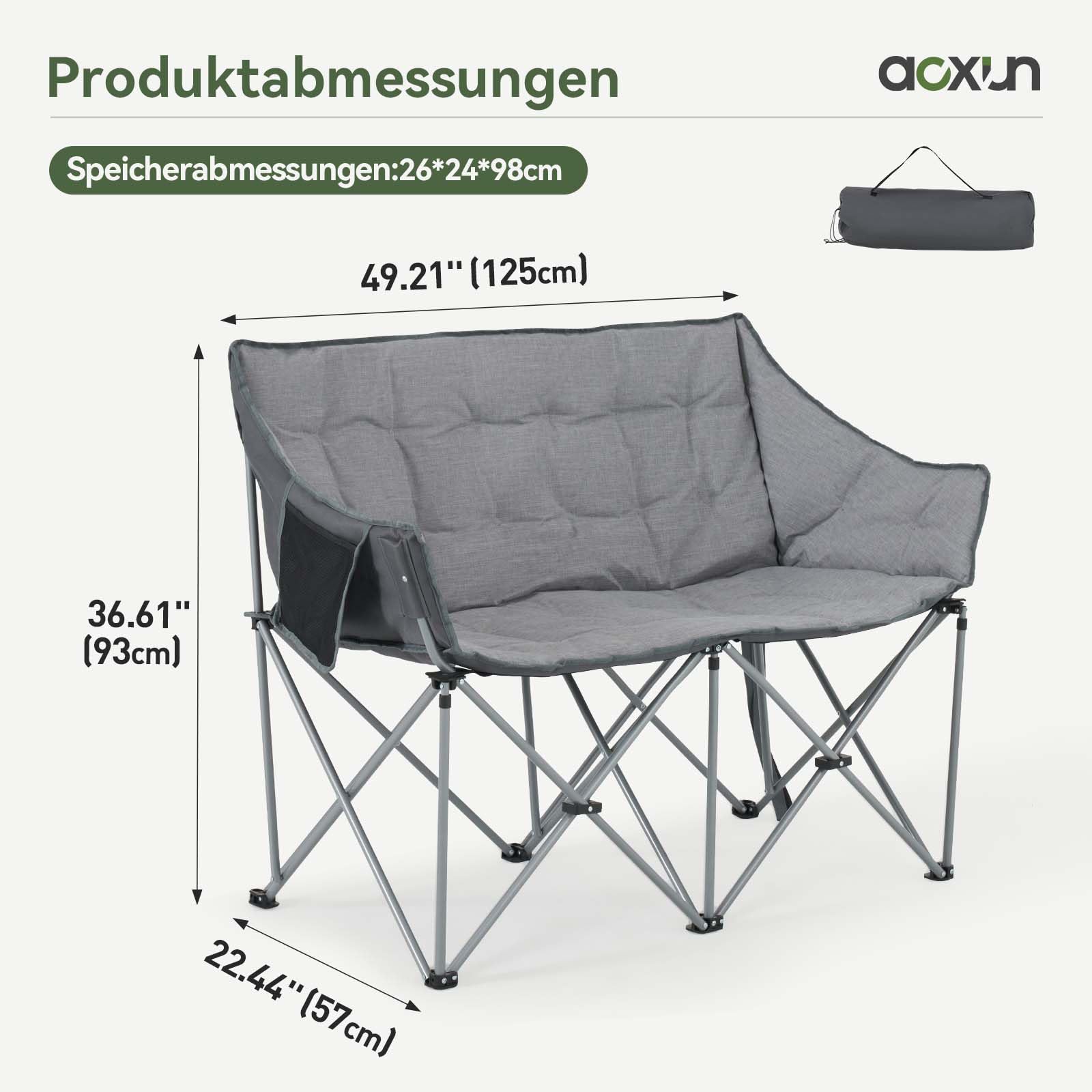 Aoxun Campingstuhl Faltbar Breit Campingsofa für 2 Personen Doppel Klappstuhl Camping Faltsofa 124CM, Campingcouch Dick Gepolstert Klappstuhl XXL 2 Sitzer Hohe Lehne für Outdoor Garten Balkon Indoor