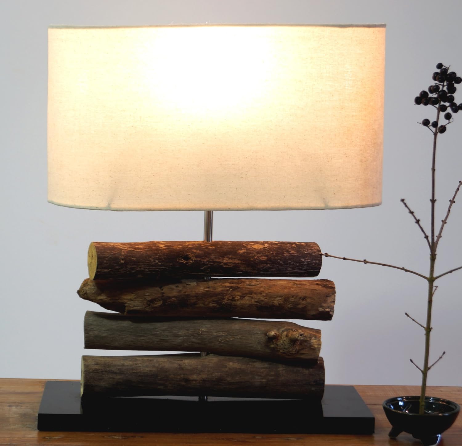 GURU SHOP Lampada da Tavolo/lampada da Tavolo, Fatta a Mano a Bali da Materiale Naturale, Legno di Deriva, Cotone - Modello Mukata, Driftwood, 42x34x16 cm, Lampade da Tavolo in Materiali Naturali