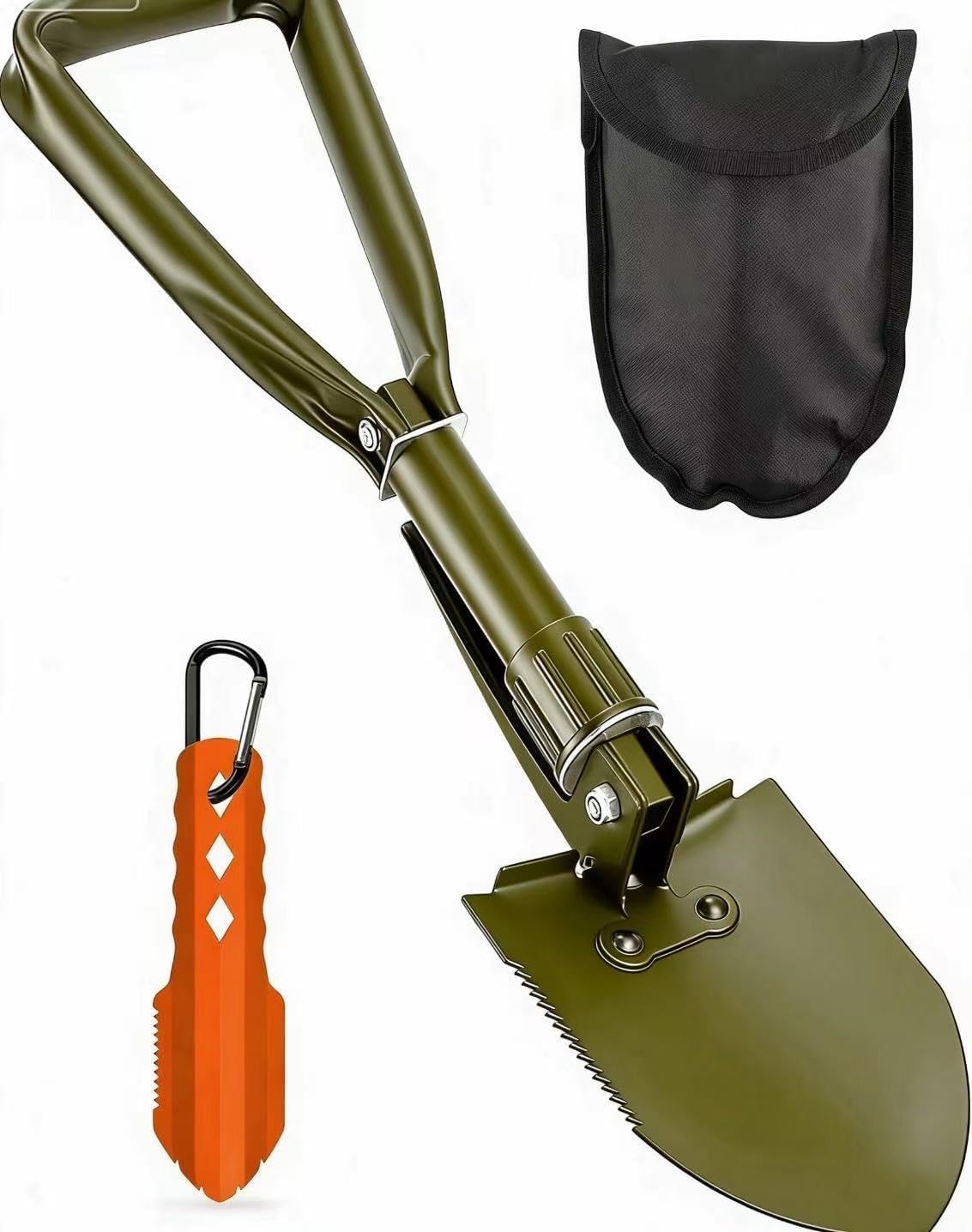 Camping Shovel Set, 3-in-1 Ultra-Light Aluminum Mini Shovel & 18.5'' Folding High Carbon Steel Shovel Ideal for Gardening, Hiking, Camping, Backpacking, Survival（Green