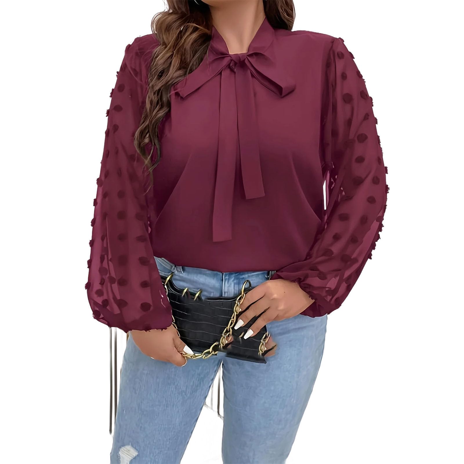 Camisa de manga larga para mujer, cuello con lazo, elegante, color liso, para oficina, uso diario