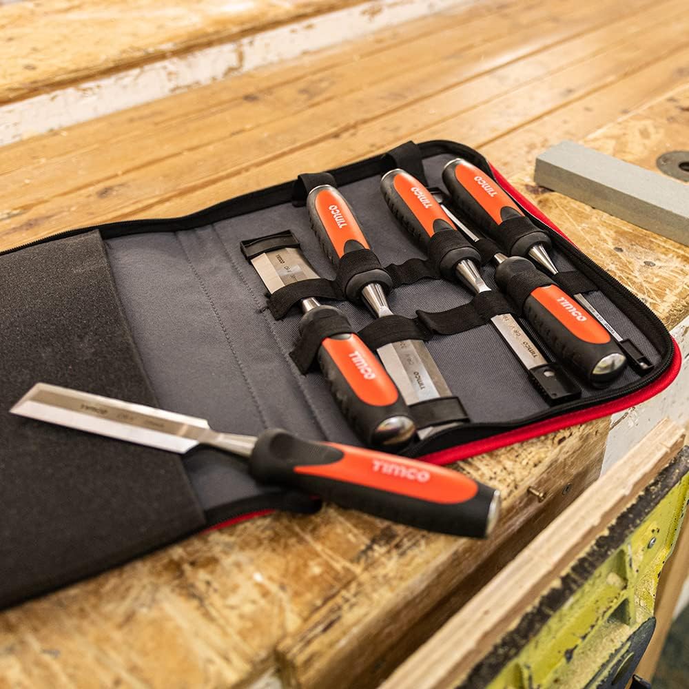 TIMCO Bevel Edge Wood Chisel Set - Tough and Hard Wearing - for Demanding Woodworking Jobs and DIY Woodworking - Split Resistant Handle - 7 Pieces