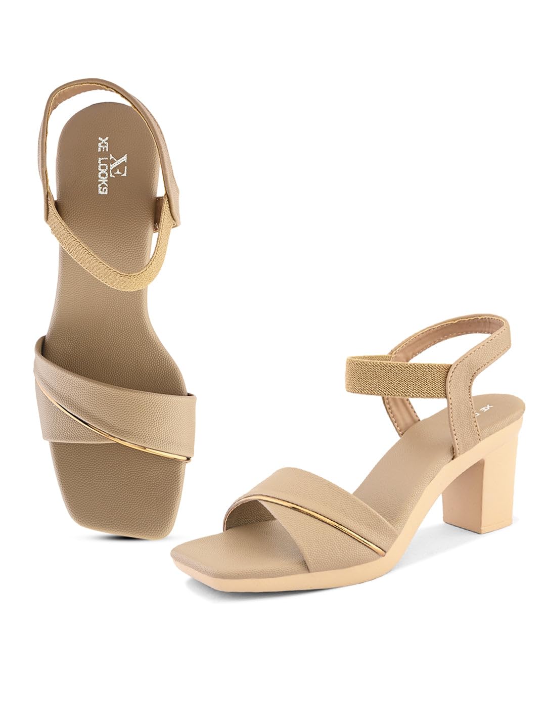 xe looks Wide Front Strap with Gold Accent | Textured Finish | Cushioned Footbed | Block Heel Sandal For Girl & Women-picture-47