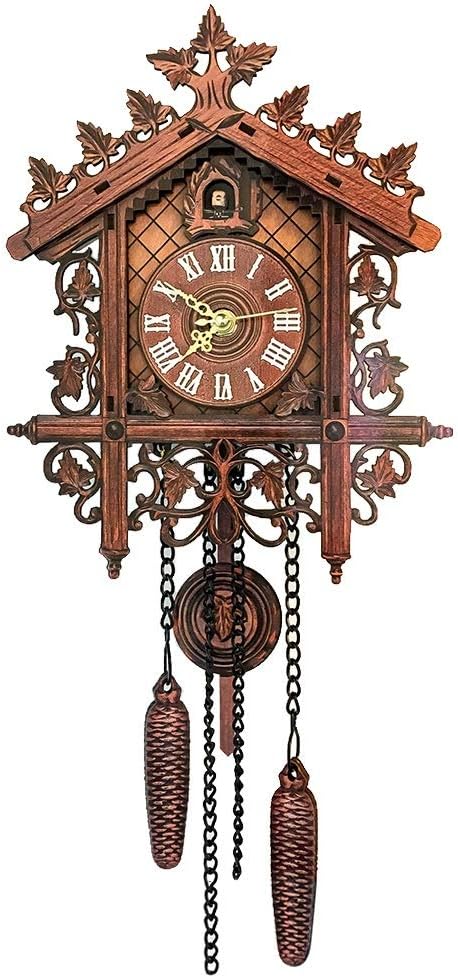 Wall Clock European Wooden House Swinger Wall Clock Home Living Room Bedroom Cuckoo Clock Creative Wood Pattern Carving Ornament Personality Retro (24.2 * 19 * 5.5CM) (Color : Yellow) (Color :