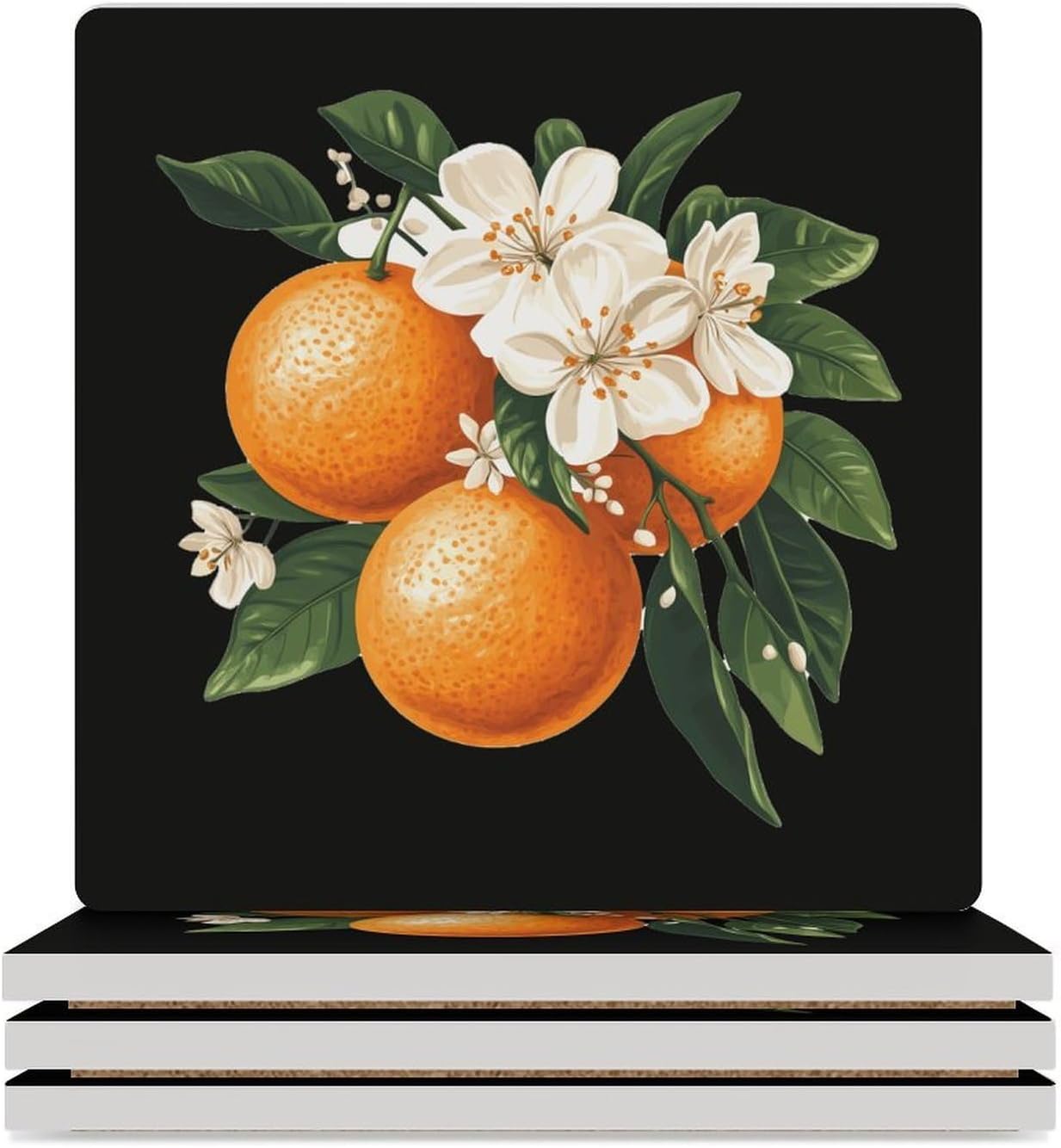 Fruit Orange Flower Coasters for Drinks Square Table Coasters Set Cup Mats with Cork Base