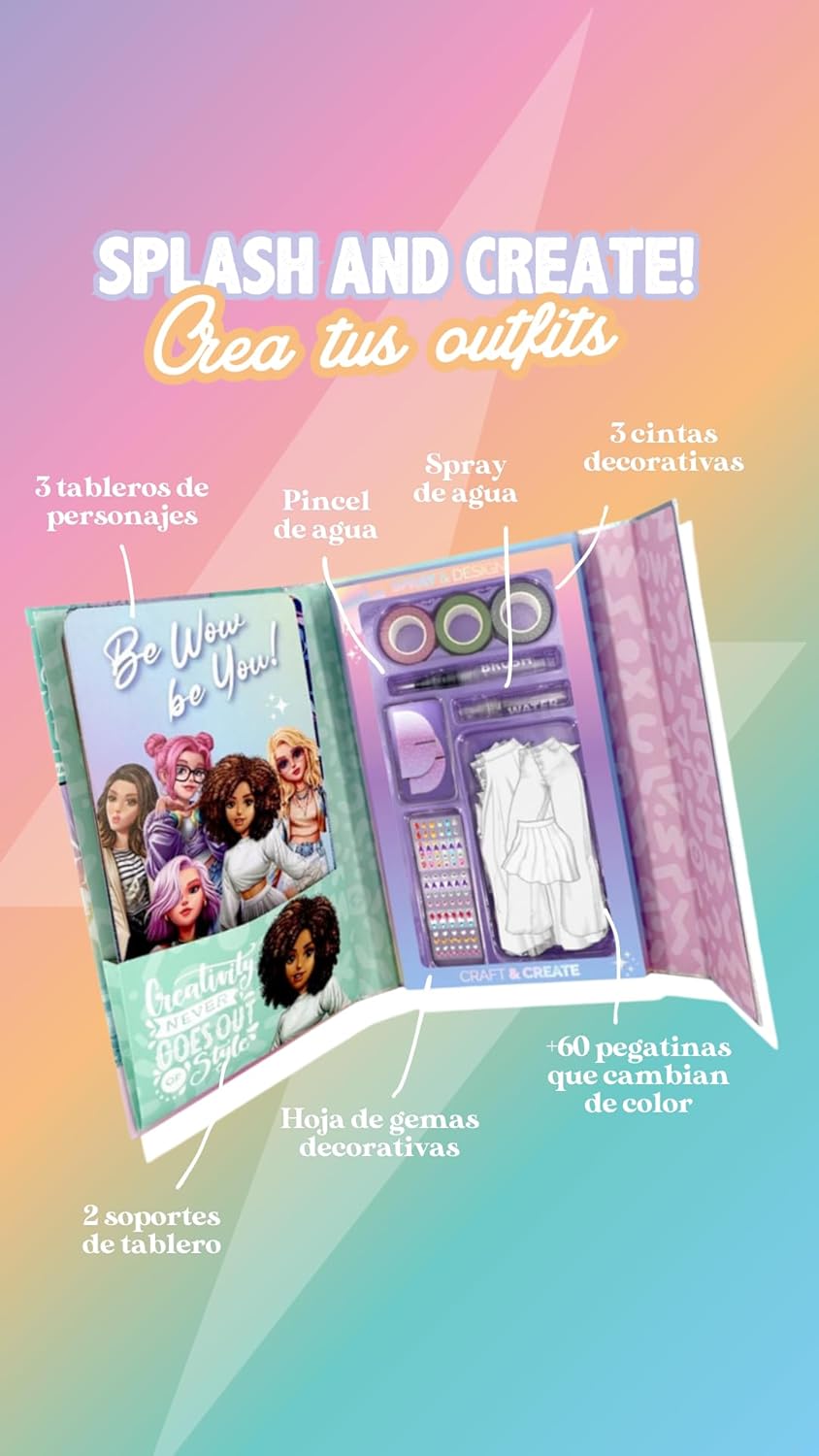 WOW GENERATION - Splash and Create, Creative Fashion Set for Girls, Educational Toy to Create Outfits with Water Spray and Decorative Gems, Transform Clothes from Black and White to Color