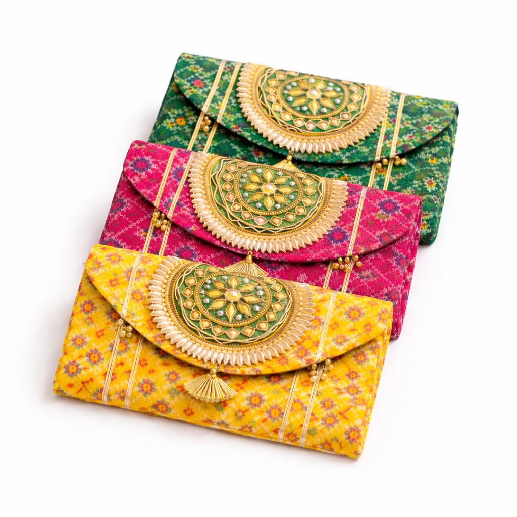 Women Ethnic Embroidered Clutch Bag with Golden Handwork & Tassel | Traditional Style Purse for Wedding, Party, Festive | Shagun Clutches Perfect for Wedding Return Gifts- (PACK OF 3)-image-5
