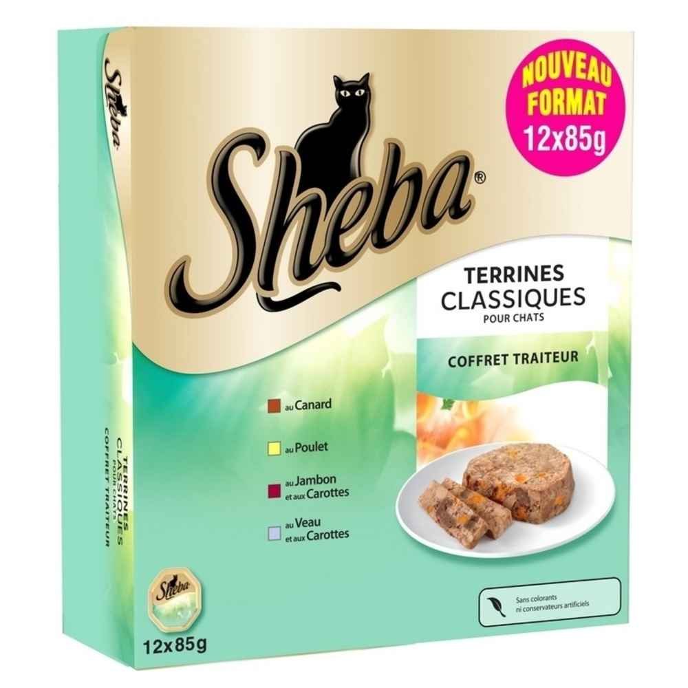 Sheba Barquettes en terrine pour chat : assortiment de 4 variétés, boîte de 12x85g