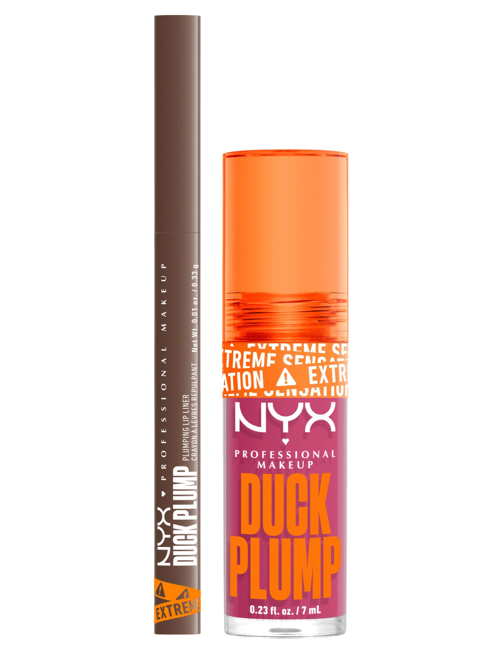 NYX Professional Makeup Duck Plump Gloss Farbe 11 Pick Me Pink 7 ml + Duck Plump Plumping Lip Liner Lippenstift Farbe 11 Touch Up Taupe aufgepolstert mit Ingwer und Chili – 2er-Set