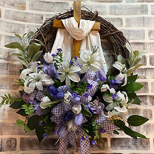 Easter Wreath Door Hanging Decoration with Cross, Spring Decor Garland for Front Door Decor, Rustic Grapevine Wreath Home Farmhouse Decorative Wreath for Easter Holiday Home Wall Decor