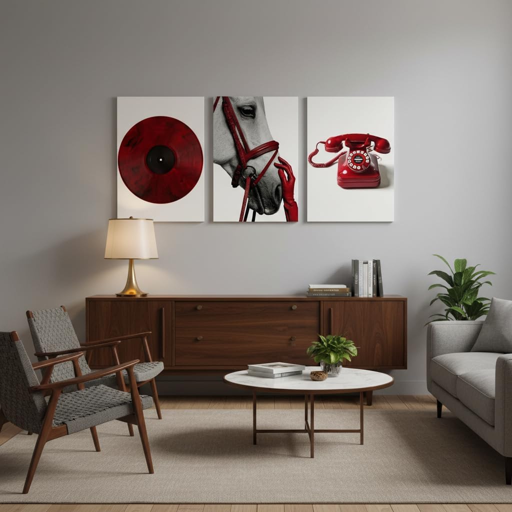 YVSRLX 3-Piece Red Canvas Wall Art, Ready to Hang Coquette Aesthetic Room Decor, Y2K Preppy Modern White Horse & Retro Telephone Artwork for Bedroom Living Room Dorm (12x16 in)