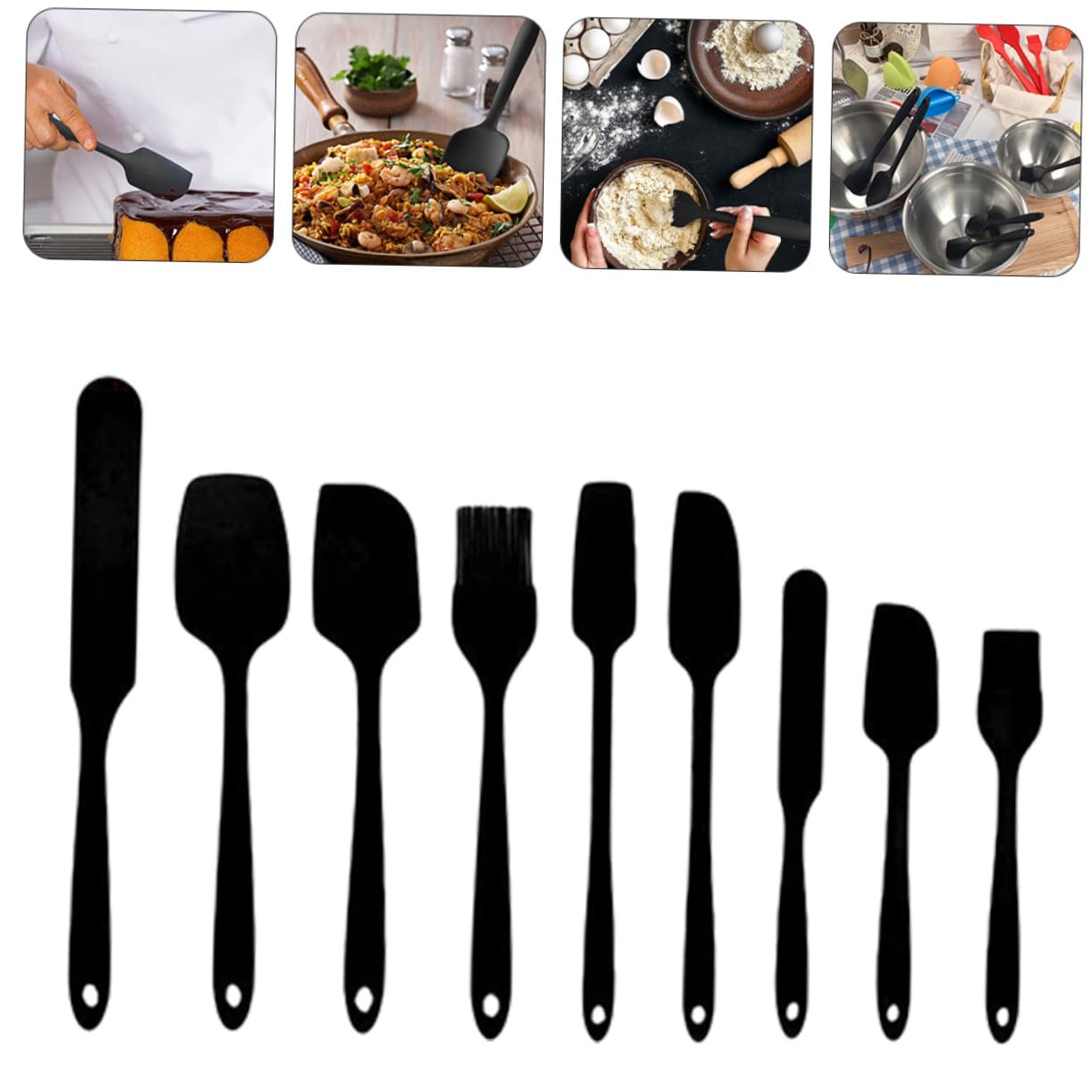 Set per Cucina e Pasticceria Nero di 9 Spatole in Silicone | Struttura Monopezzo senza Giunzioni, Resistente al Calore, Raschietto per Crema e Burro, Confezione