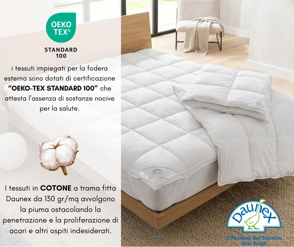 Topper DAUNEX® Copri Materasso in Piumette e Piumino d'Oca Bianco Traspirante Anallergico Made in Italy per Letto Matrimoniale Misura 160x190 Spessore 5 cm Mod. Corvara